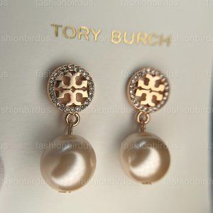 Tory Burch Classic Crystal Logo Pearl Drop Earring in Rose Gold (NWT)